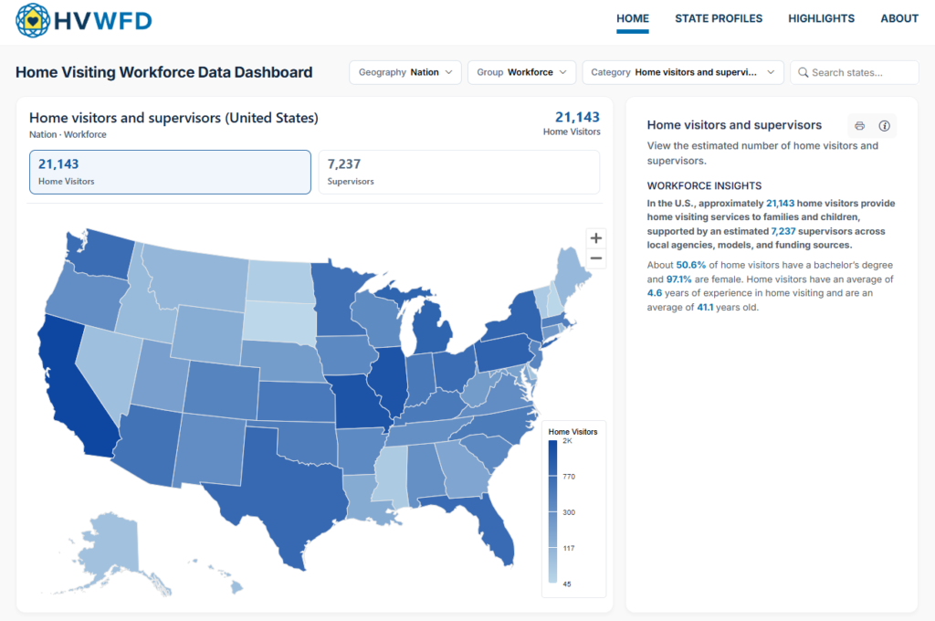 U.S. map showing 21,143 home visitors and 7,237 supervisors, with home visitor totals by state.