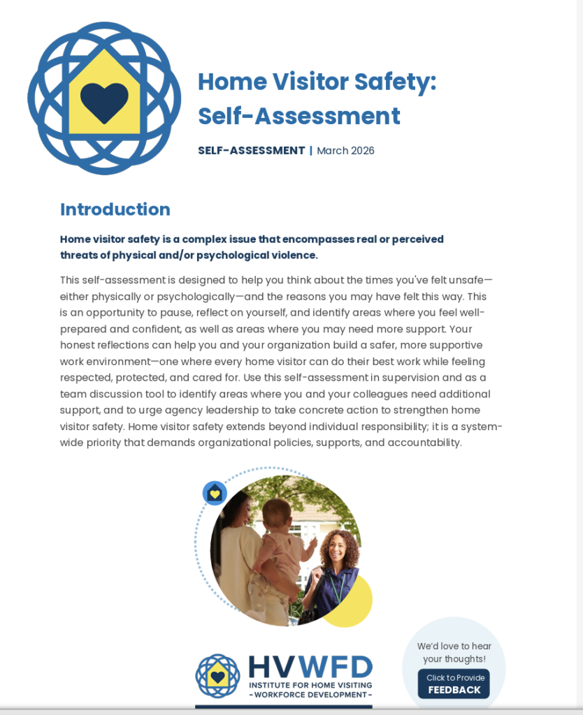 Home Visitor Safety: Self-Assessment cover featuring a home visitor greeting a parent and child.