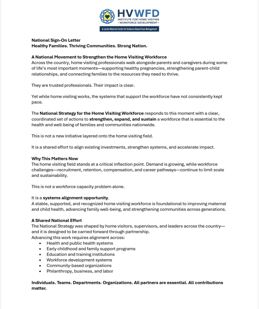 National sign-on letter supporting a stronger, sustainable home visiting workforce.