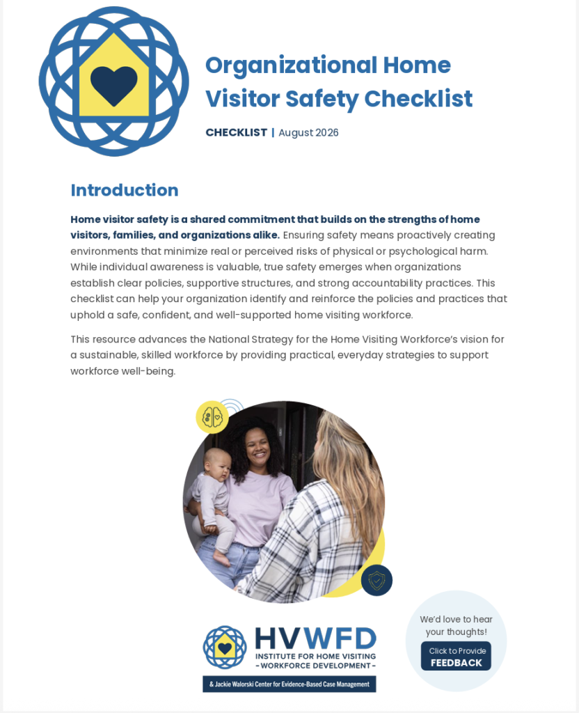 Organizational Home Visitor Safety Checklist cover with home visitor greeting a parent and baby.